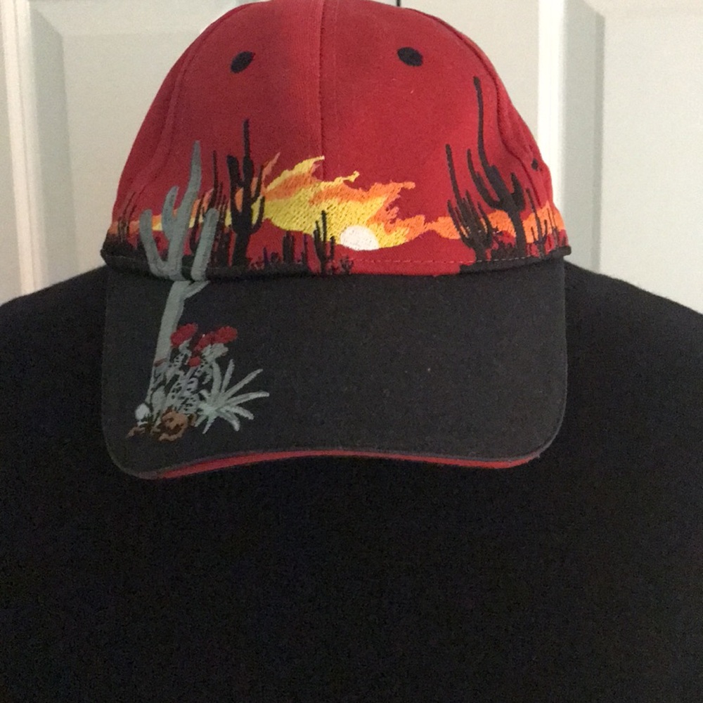 POLAR Graphics USA Red and Black Embroidered Desert Scene Cactus Cap Hat